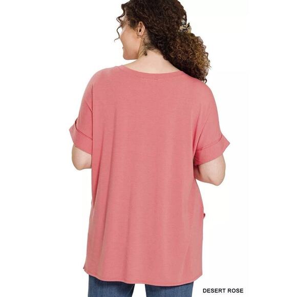 Zenana Desert Rose V Neck Rolled Short Sleeve Top Loose Fit T Shirt Plus Size 2X - Picture 3 of 4